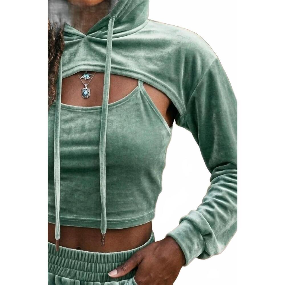 NEW SURELYMINE malibu vintage relaxed velvet cropped hoodie set in mint - Picture 2 of 2